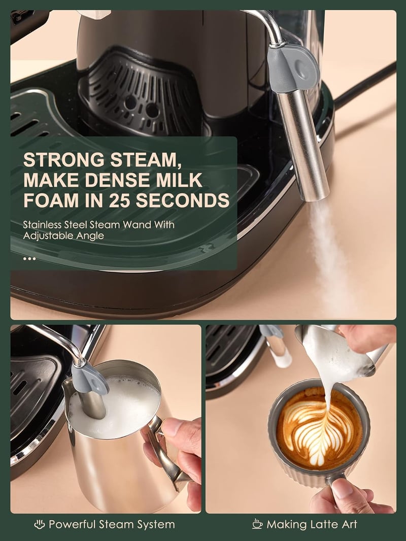 Yabano 15 Bar Espresso Kávéfőző 1-2 Csészéhez, Tejhabosító Fúvóka, 1.1L Tartály