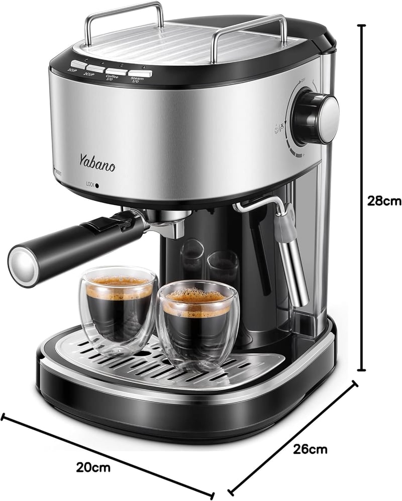 Yabano 15 Bar Espresso Kávéfőző 1-2 Csészéhez, Tejhabosító Fúvóka, 1.1L Tartály