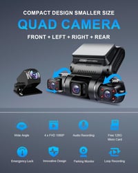 Autokamera Yabdbg D70 so 4 objektívmi, Quad 4x1080P, predná, zadná, ľavá a pravá, GPS, WiFi, 24/7 parkovací režim, FHD, infračervené nočné videnie, 150°, WDR, 3 C 2