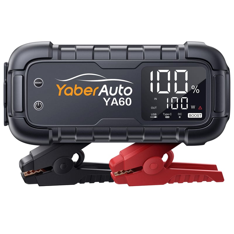 YaberAuto 6000A Autós Indításrásegítő Powerbank, 26800mAh, 65W USB-C PD, 600 Lumen LED Lámpa, Benzin és 12L Dízel Motorokhoz
