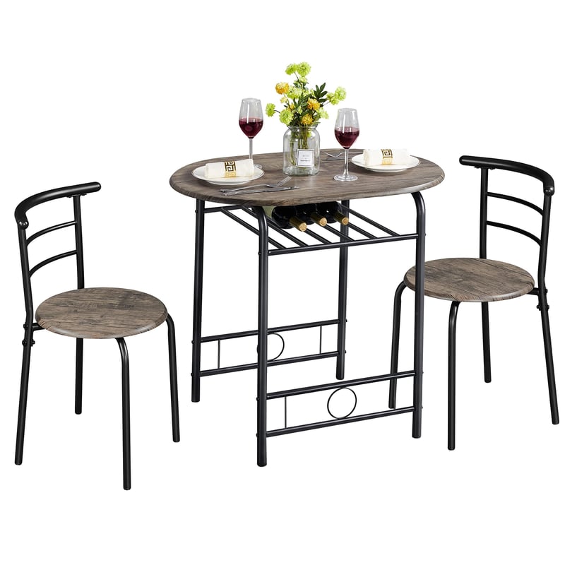 Jedálenská súprava pre 2 osoby Yaheetech, 1 stôl s 2 stoličkami, kuchynský stôl s úložným priestorom, oceľový rám, 80x53x75,5 cm, drift hnedá, kuchyňa, obývačka