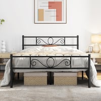 Yaheetech Dupla Fém Ágykeret 160x200 cm Virágmintás Fejtámlával Fekete Matrac Nélkül 1