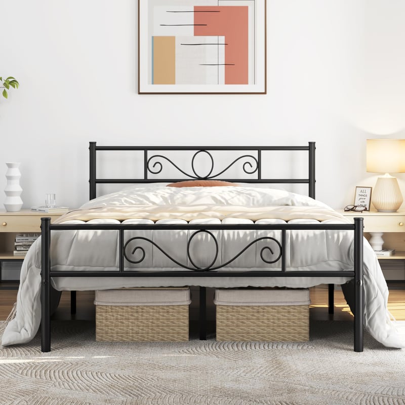 Yaheetech Dupla Fém Ágykeret 160x200 cm Virágmintás Fejtámlával Fekete Matrac Nélkül