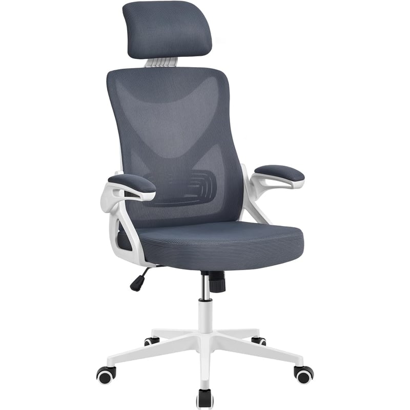 Scaun de birou ergonomic Yaheetech cu tetieră, cotiere și spătar reglabile, capacitate maximă de încărcare 136 kg, alb/gri