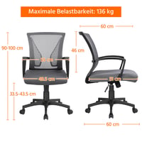 Scaun de birou ergonomic Yaheetech cu spătar din plasă, gri închis, scaun pivotant reglabil pe înălțime cu brațe, capacitate de susținere 136 kg, funcție de balansare 3