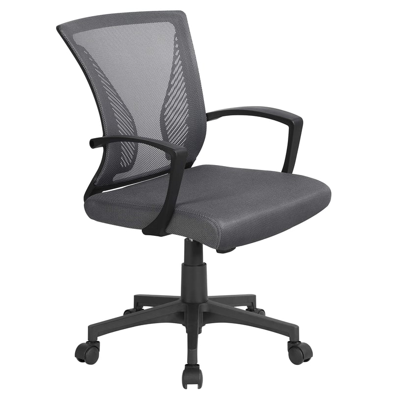 Scaun de birou ergonomic Yaheetech cu spătar din plasă, gri închis, scaun pivotant reglabil pe înălțime cu brațe, capacitate de susținere 136 kg, funcție de balansare