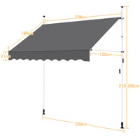 Yaheetech Ručná výsuvná balkónová markíza s kľukou, 250 x 180 cm, nastaviteľná výška 210 – 300 cm, bez vŕtania, odolná voči UV žiareniu, sivá 4