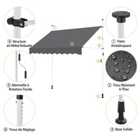 Yaheetech Ručná výsuvná balkónová markíza s kľukou, 250 x 180 cm, nastaviteľná výška 210 – 300 cm, bez vŕtania, odolná voči UV žiareniu, sivá 5