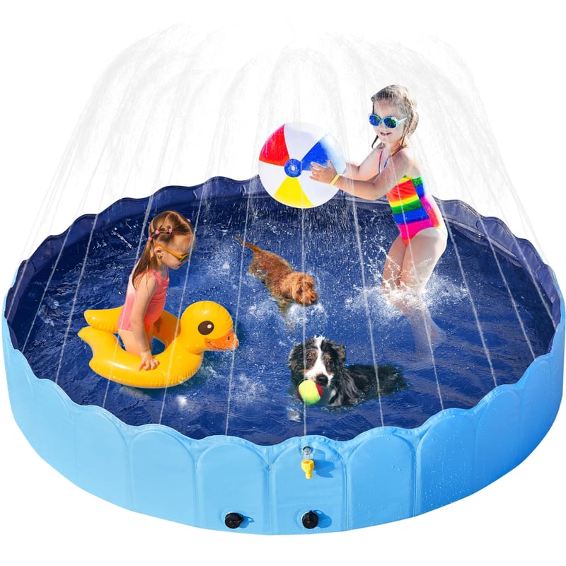 Piscină pentru câini Yaheetech 180 cm cu aspersor, piscină pliabilă antiderapantă pentru câini, grosime 0,6 cm, albastru, jucărie de apă pentru grădină pe timp de vară