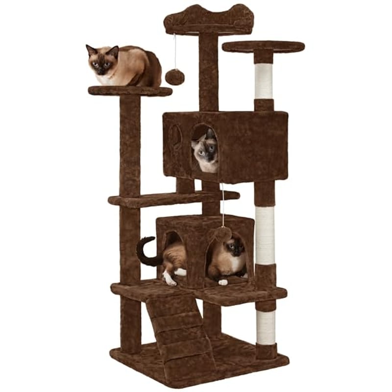 Yaheetech mačje drvo 139 cm, s 2 kućice, 3 platforme, 2 sisal kuglice, višekatna grebalica za 3-4 mačke, smeđe