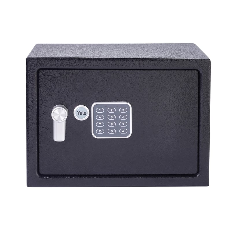 Seif electronic Yale YSV/250/DB2 cu cod PIN și cheie de urgență, 16,3 L, 25×35×25 cm, montabil pe perete și podea, sistem de închidere anti-șoc, interior capitonat cu mochetă