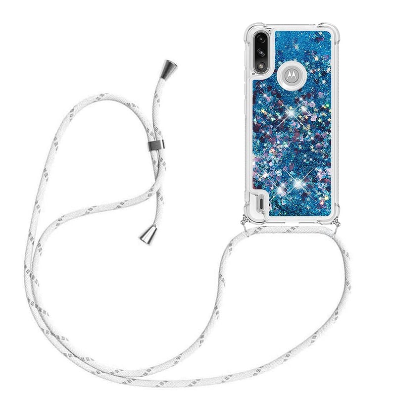 Husă cu sclipici YAMCCCSE pentru Motorola Moto E7 Power cu șnur și lanț, carcasă din silicon albastru tip Quicksand cu șnur