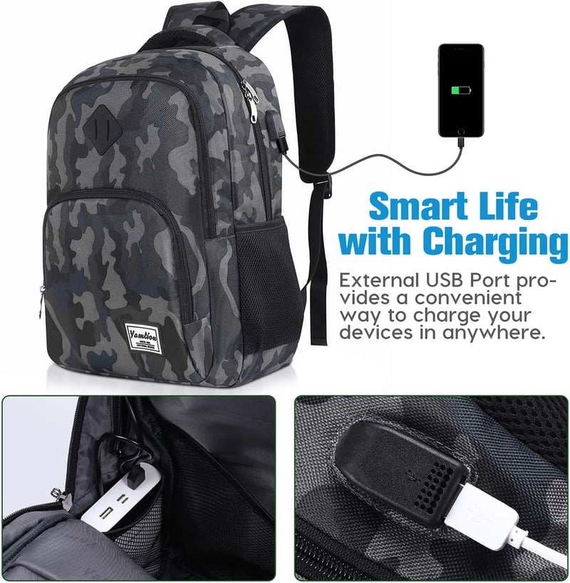 YAMTION Terepmintás Hátizsák USB Töltőporttal - 17,3 Colos Laptop Táska Férfiaknak, Diákoknak - Utazáshoz, Iskolába, Munkába - Fekete