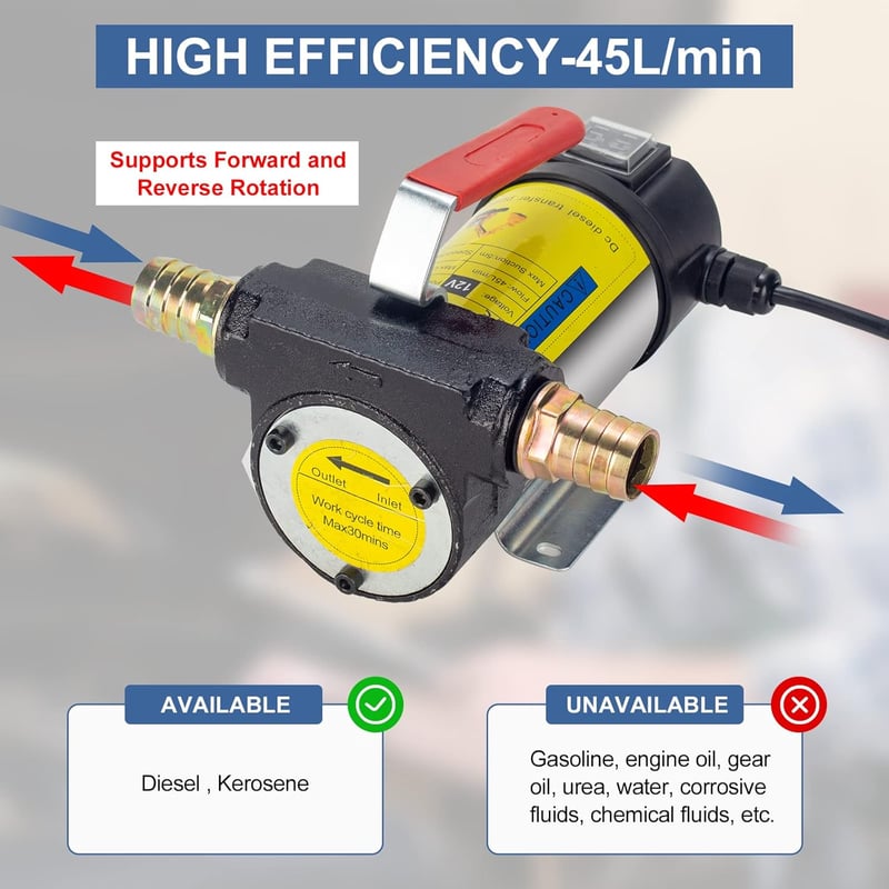 YaoFaFa Dízel Szivattyú 12V 175W - Elektromos Olajcserélő és Üzemanyag Pumpa 45L/perc Teljesítménnyel, Kétirányú Forgással, Gépjárművekhez é