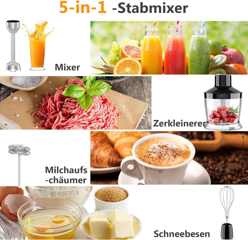 YASHE 1000W Merülőmixer 5 az 1-ben Rozsdamentes Acél Sebességszabályzóval