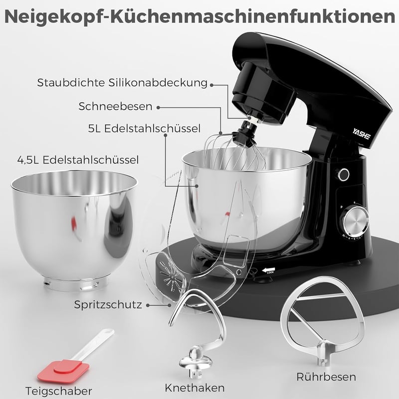 YASHE 1500W Konyhai Robotgép Rozsdamentes Tál Dagasztó Habverő 10 Fokozat