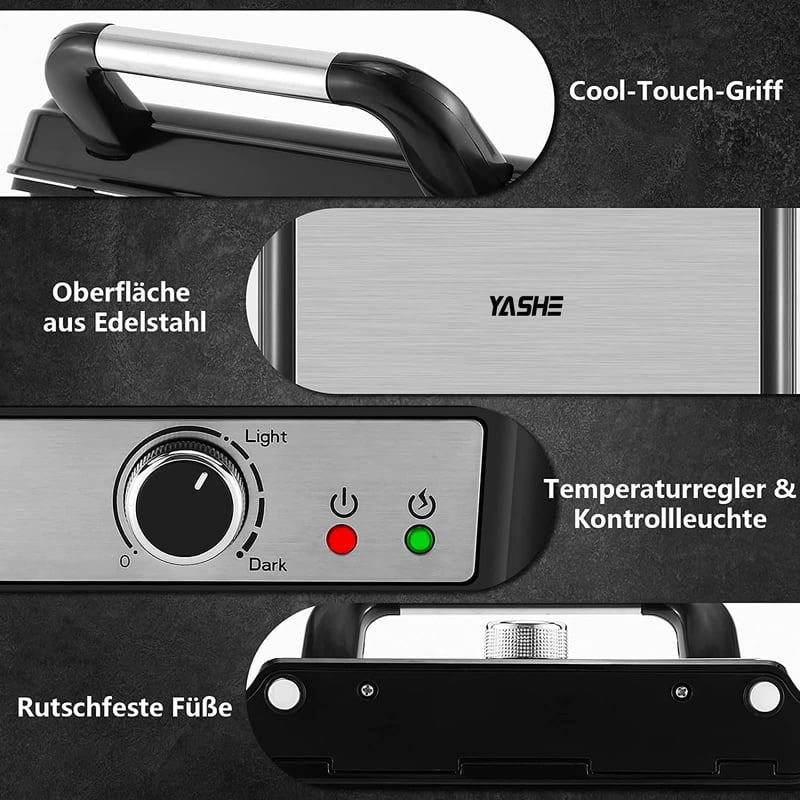 YASHE 4 szeletes kontakt grill 1800W, panini készítő, 180° nyitás, szabályozható hőmérséklet