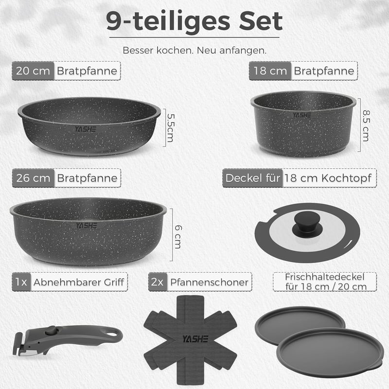 YASHE 9 részes edénykészlet, tapadásmentes, összecsukható, minden tűzhelyre, fekete - Grau