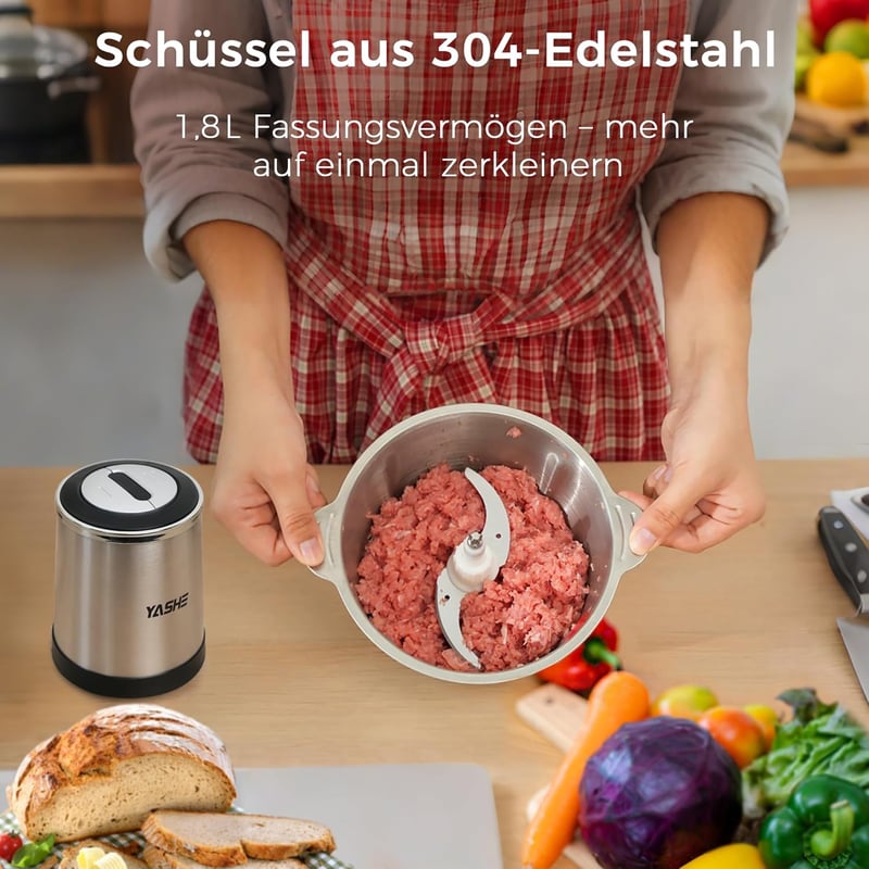 YASHE Elektromos Aprító 500W, 1.8L Rozsdamentes Acél Tál, 4 Dupla Penge, 2 Sebesség