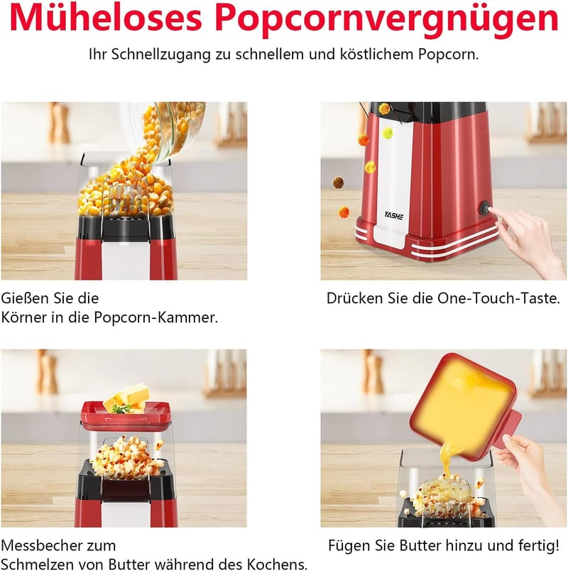 YASHE Retro Popcorn Maker 1200W Forró Levegős Olajmentes Popcorn Gép Mérőpohárral