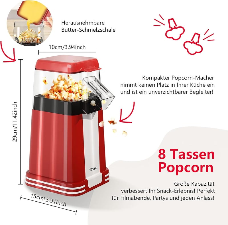 YASHE Retro Popcorn Maker 1200W Forró Levegős Olajmentes Popcorn Gép Mérőpohárral