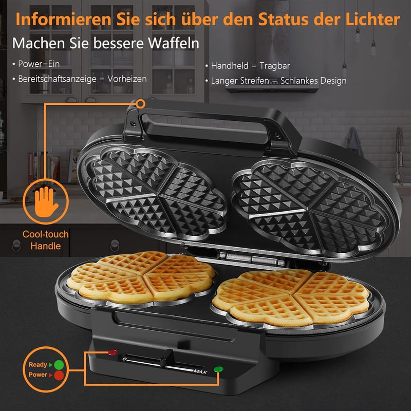 YASHE Szív alakú dupla gofrisütő, 1200W, 5 hőfok, tapadásmentes bevonat