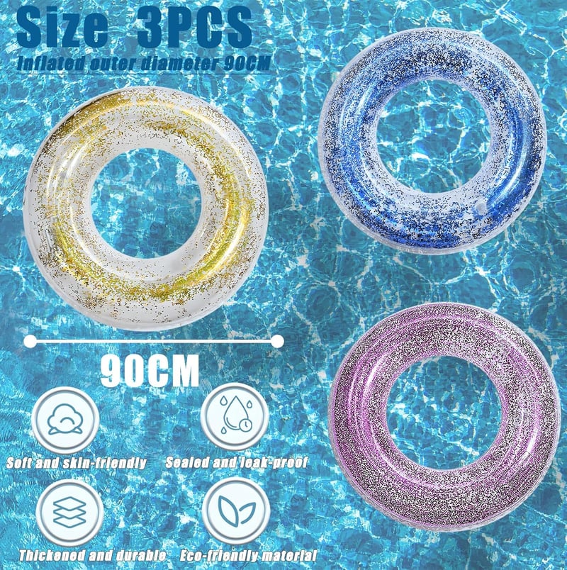yayafunfun Fényes Úszógumi Szett 3 db - 70/90 cm Átmérőjű PVC Felfújható Úszógyűrű Gyerekeknek és Felnőtteknek, Medencébe, Strandra
