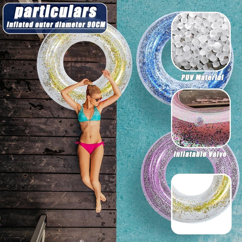 yayafunfun Fényes Úszógumi Szett 3 db - 70/90 cm Átmérőjű PVC Felfújható Úszógyűrű Gyerekeknek és Felnőtteknek, Medencébe, Strandra