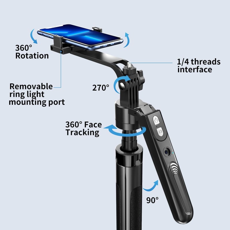 yAyusi 360° Arckövetős Állvány Fénnyel - 180 cm Teleszkópos Tripod Mobilhoz, Alkalmazás Nélküli AI Arcfelismerés, Távirányítóval, Vloghoz, K