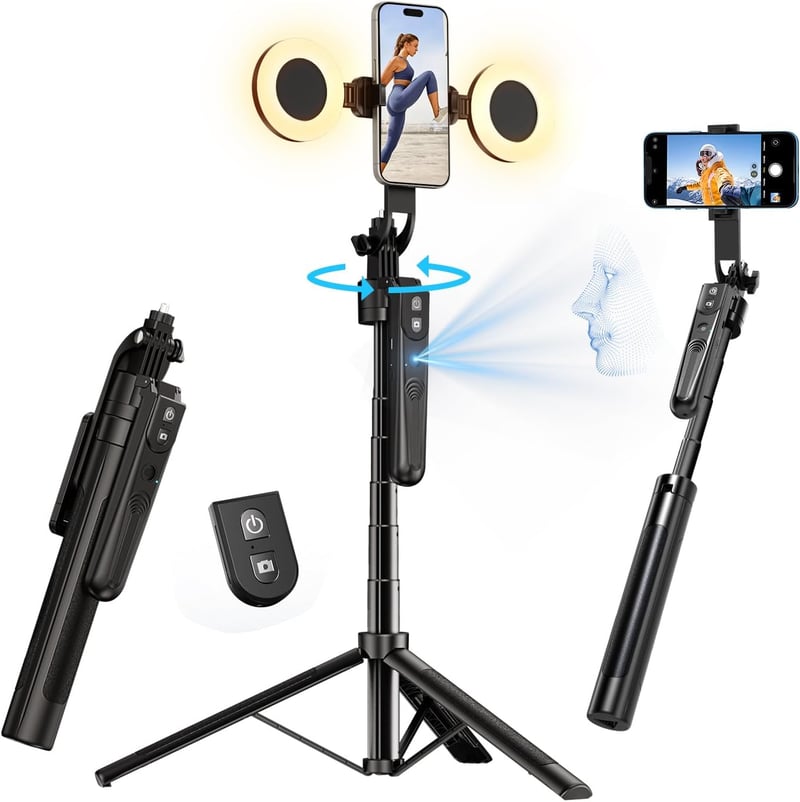 yAyusi 360° Arckövetős Állvány Fénnyel - 180 cm Teleszkópos Tripod Mobilhoz, Alkalmazás Nélküli AI Arcfelismerés, Távirányítóval, Vloghoz, K
