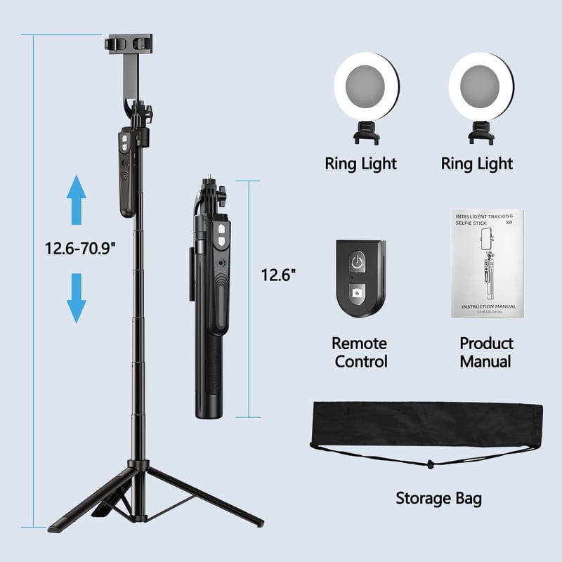 yAyusi 360° Arckövetős Állvány Fénnyel - 180 cm Teleszkópos Tripod Mobilhoz, Alkalmazás Nélküli AI Arcfelismerés, Távirányítóval, Vloghoz, K