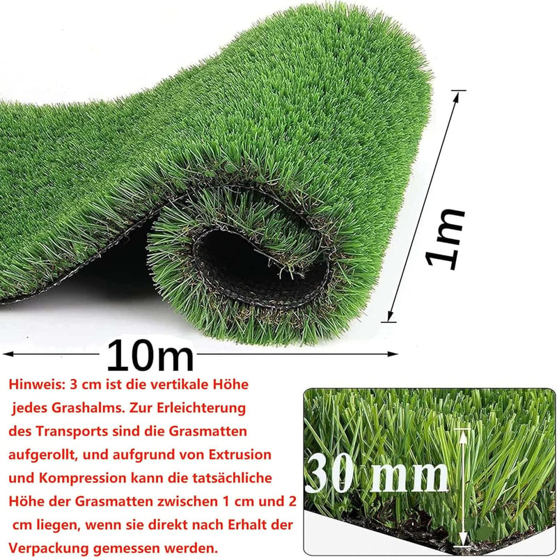 ybaymy Műfű Szőnyeg 1x10m 30mm Magasságú Vízáteresztő Műrelva Tekercs Drénezéssel
