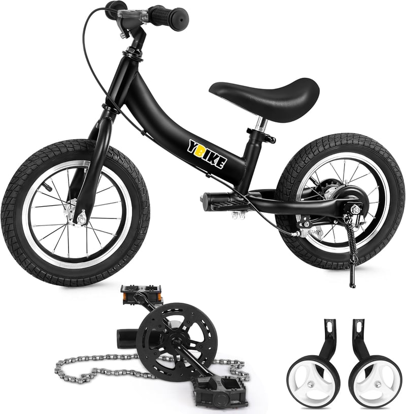 YBIKE 2 az 1-ben Futóbicikli és Gyerekkerékpár, 12 Colos, Kék, Acél Váz, Hátsó Fék, 1-7 Éves Gyerekeknek, Állítható Ülés