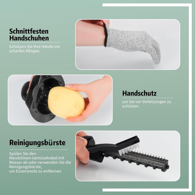 YC Kitchen 7 az 1-ben Állítható Mandolin Szeletelő - Rozsdamentes Acél Zöldségszeletelő Julienne Funkcióval, Védőkesztyűvel és Tisztítókefév