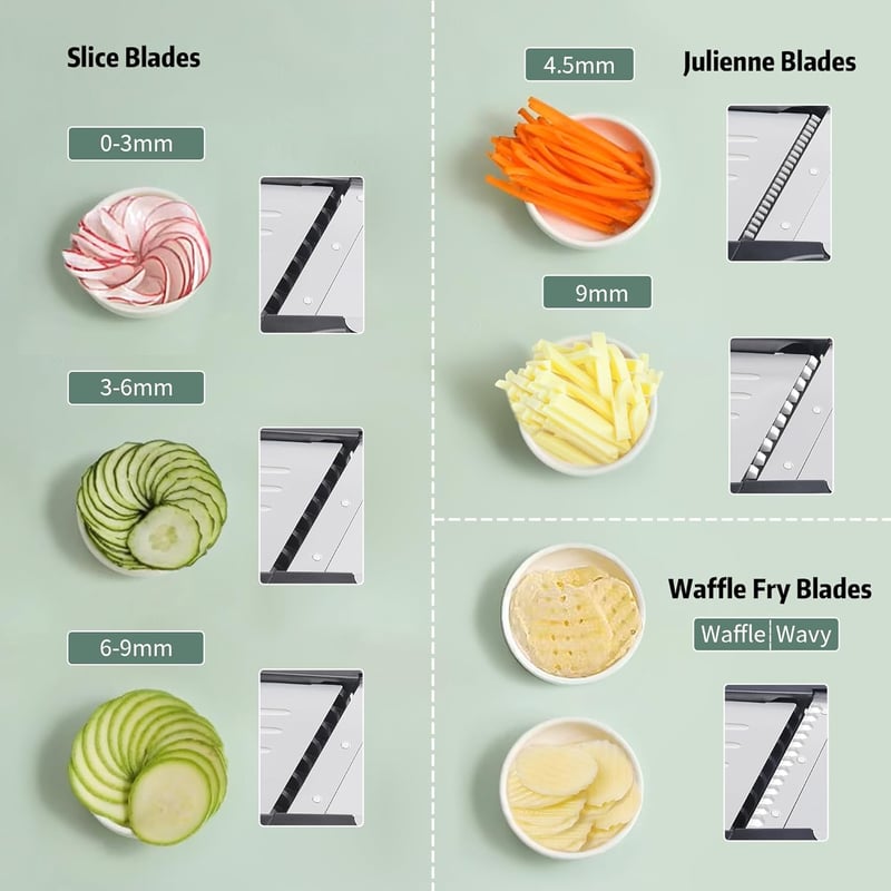 YC Kitchen 7 az 1-ben Állítható Mandolin Szeletelő - Rozsdamentes Acél Zöldségszeletelő Julienne Funkcióval, Védőkesztyűvel és Tisztítókefév