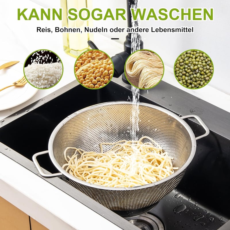 YC Kitchen Rozsdamentes Acél Szűrő 28,5 cm - Tésztaszűrő Fogantyúkkal, Mosogatógépben Mosható, Konyhai Edény