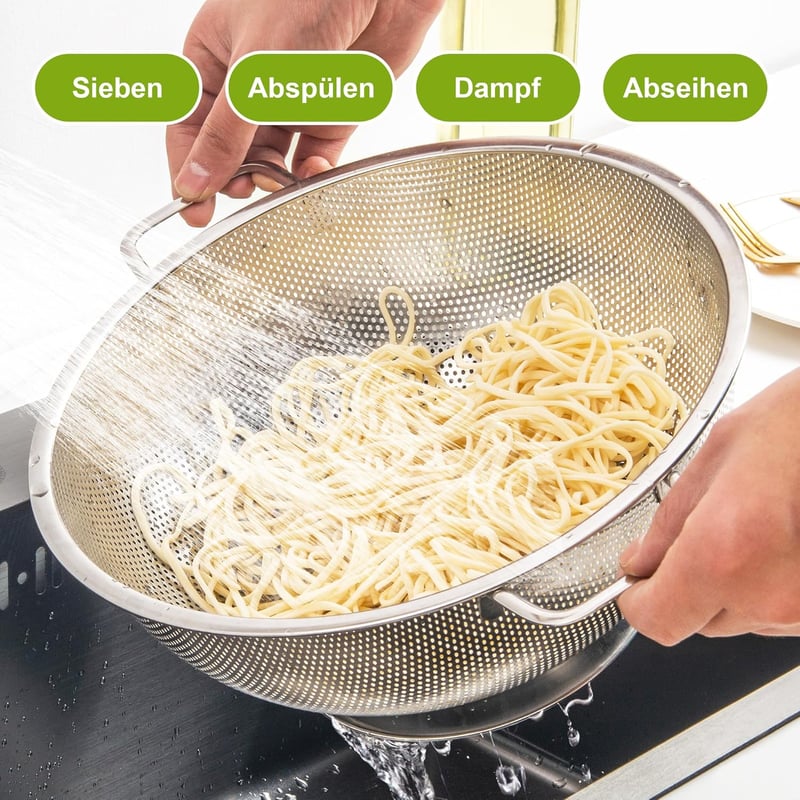 YC Kitchen Rozsdamentes Acél Szűrő 28,5 cm - Tésztaszűrő Fogantyúkkal, Mosogatógépben Mosható, Konyhai Edény