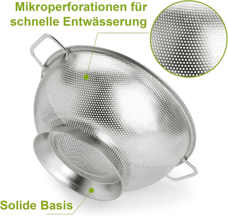 YC Kitchen Rozsdamentes Acél Szűrő 28,5 cm - Tésztaszűrő Fogantyúkkal, Mosogatógépben Mosható, Konyhai Edény