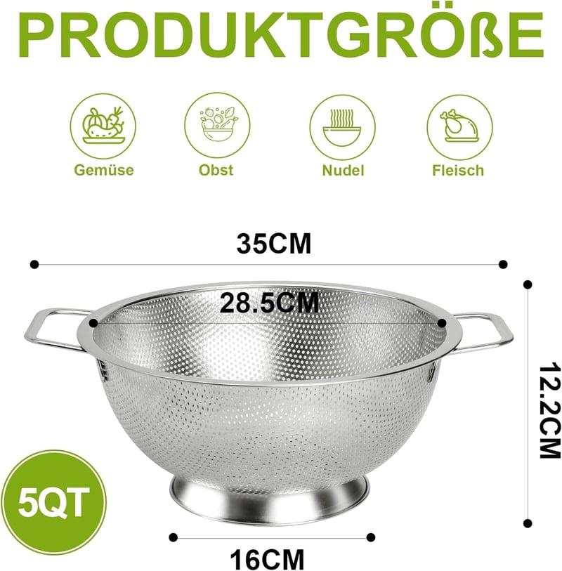 YC Kitchen Rozsdamentes Acél Szűrő 28,5 cm - Tésztaszűrő Fogantyúkkal, Mosogatógépben Mosható, Konyhai Edény