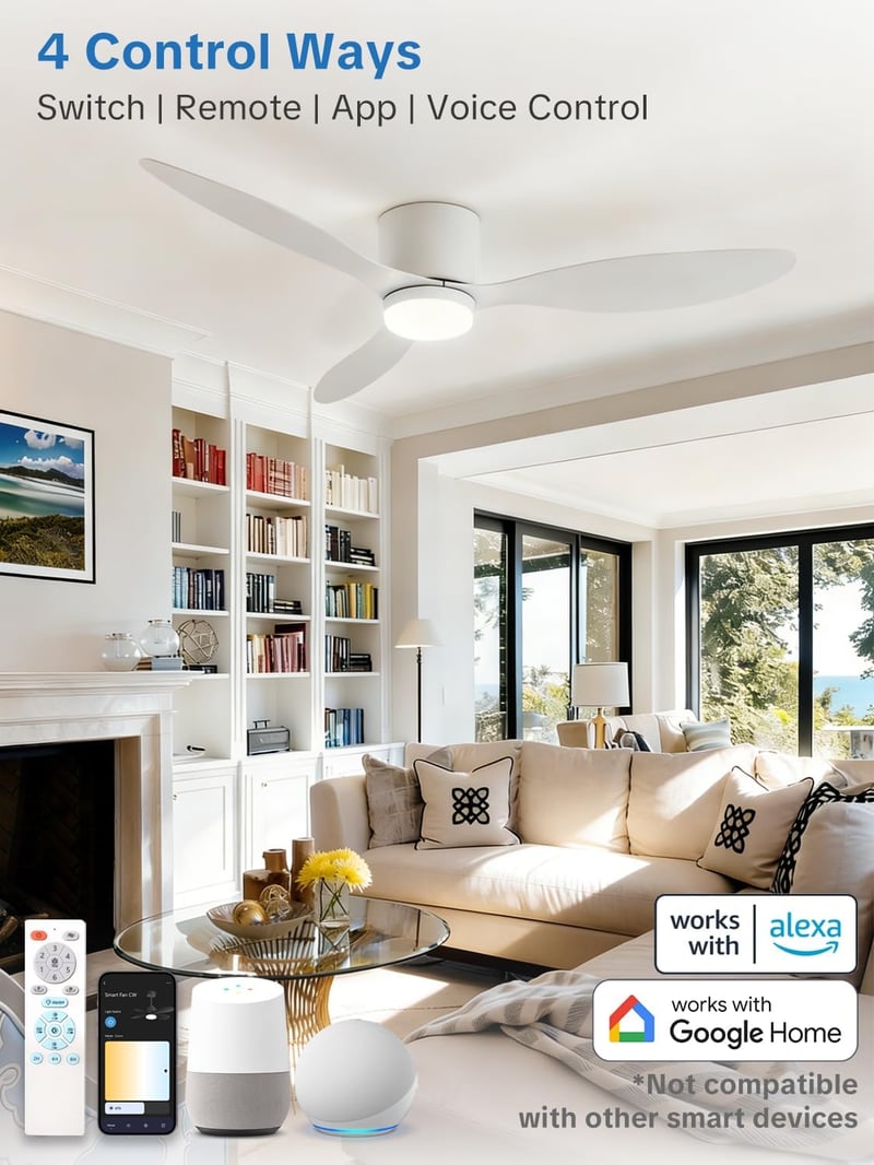 ycwdcz 106 cm okos mennyezeti ventilátor LED világítással, távirányítóval, Alexa/Google kompatibilis