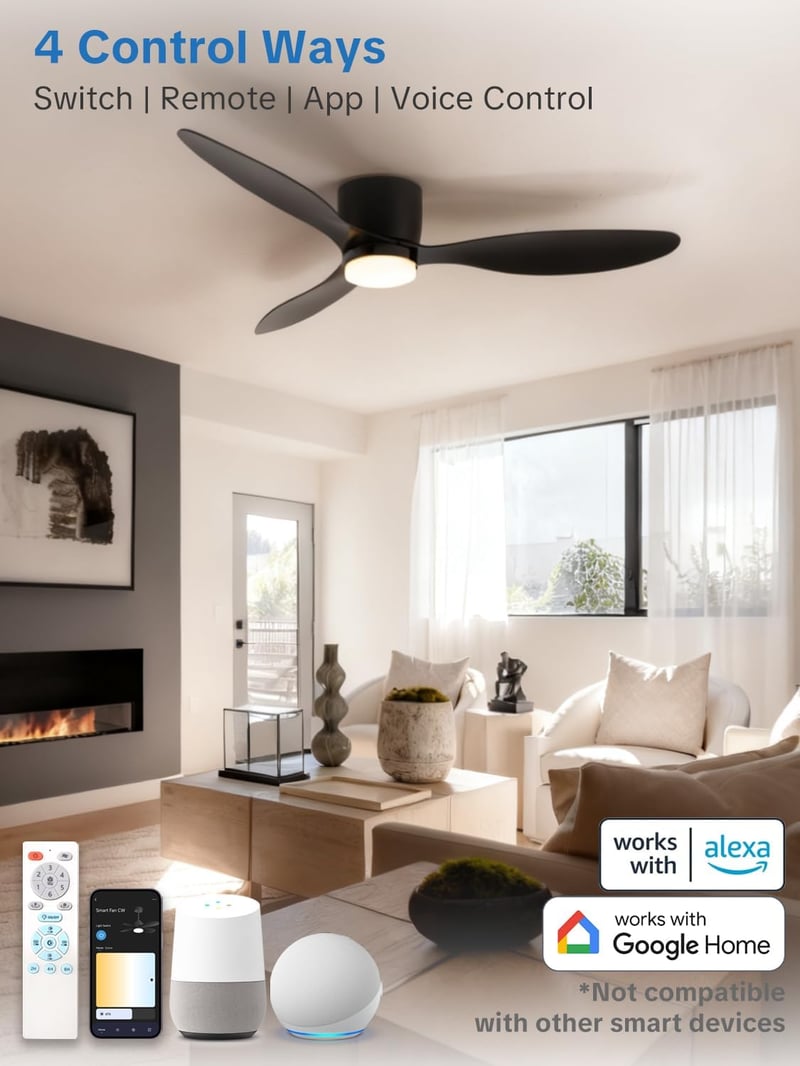 ycwdcz 106 cm okos mennyezeti ventilátor LED világítással, távirányítóval, Alexa/Google kompatibilis