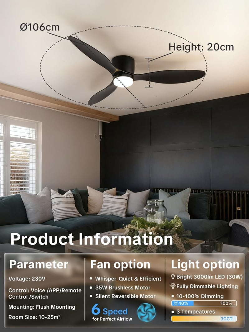 ycwdcz 106 cm okos mennyezeti ventilátor LED világítással, távirányítóval, Alexa/Google kompatibilis