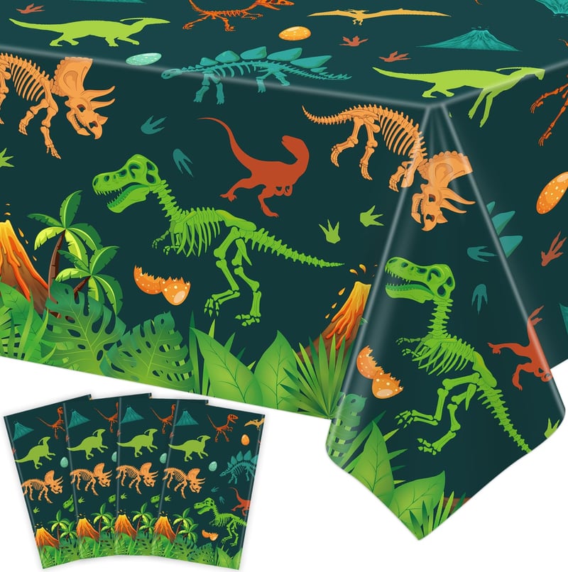 Față de masă cu dinozauri YCXTCZ, 4 bucăți, cu frunze tropicale de palmier, față de masă din plastic pentru petrecerea de aniversare a copiilor, 130 x 218 cm