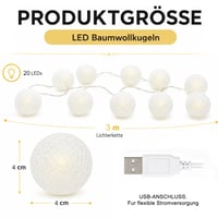 YeahBoom LED svjetlosni niz s pamučnim kuglicama, 300 cm, 20 LED kuglica, toplo bijela ambijentalna svjetiljka za unutarnje uređenje 2