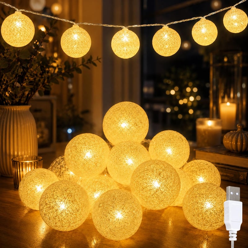 YeahBoom LED svjetlosni niz s pamučnim kuglicama, 300 cm, 20 LED kuglica, toplo bijela ambijentalna svjetiljka za unutarnje uređenje