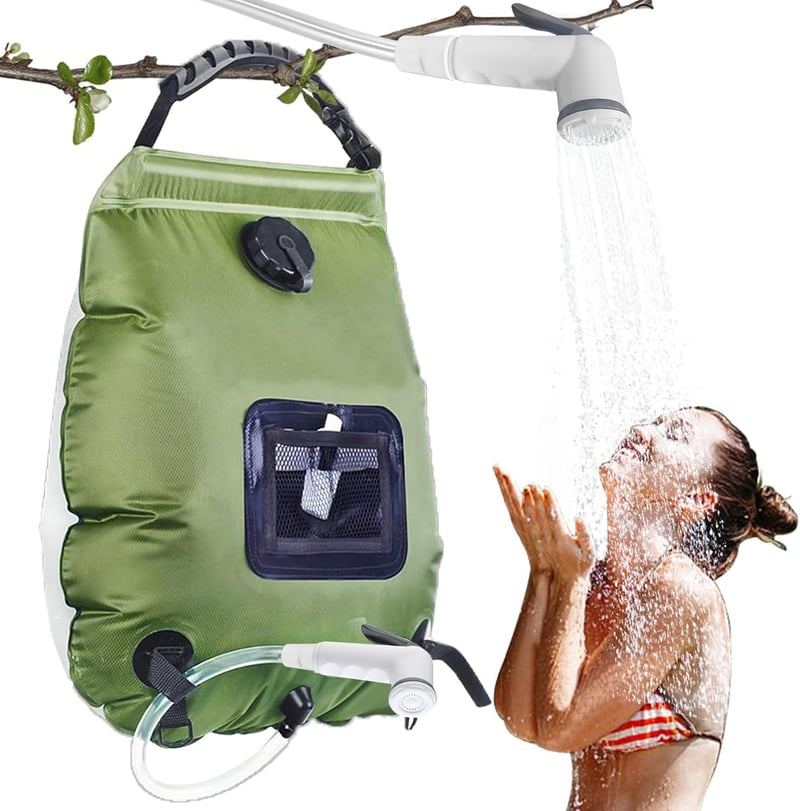 YeahBoom napelemes kemping zuhanytáska, 20 L, levehető zuhanyfejjel - zöld