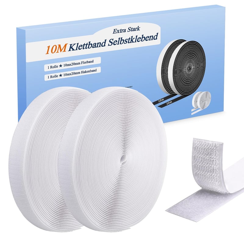 YeahWhee samolepiaca suchý zips páska extra silná 10 m x 20 mm biela obojstranná páska so slučkami a háčikmi na upevnenie sieťok proti hmyzu a vankúšov na pohovku