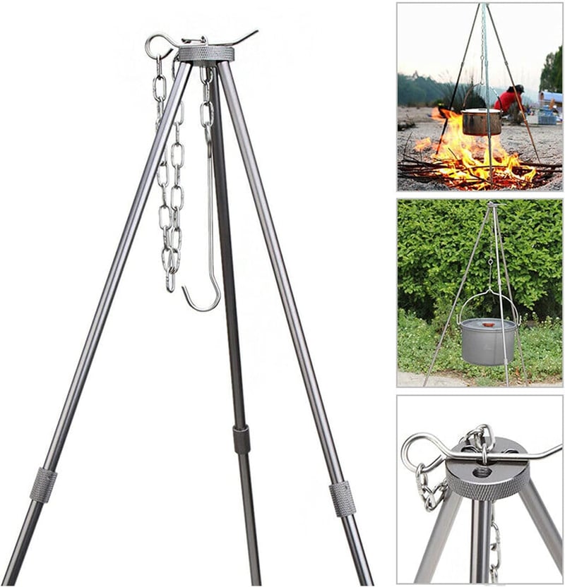 Yearninglife BBQ teleszkópos állvány háromlábú grill állvány lánccal kampóval, összecsukható kemping kültéri grillezéshez B