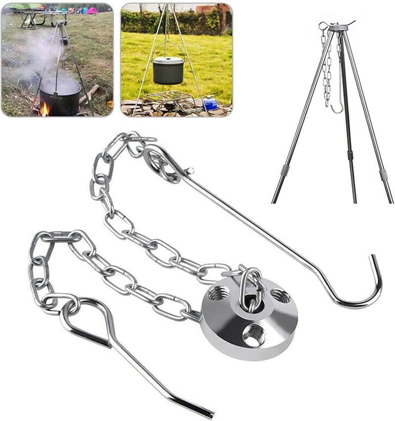 Yearninglife BBQ teleszkópos állvány háromlábú grill állvány lánccal kampóval, összecsukható kemping kültéri grillezéshez B
