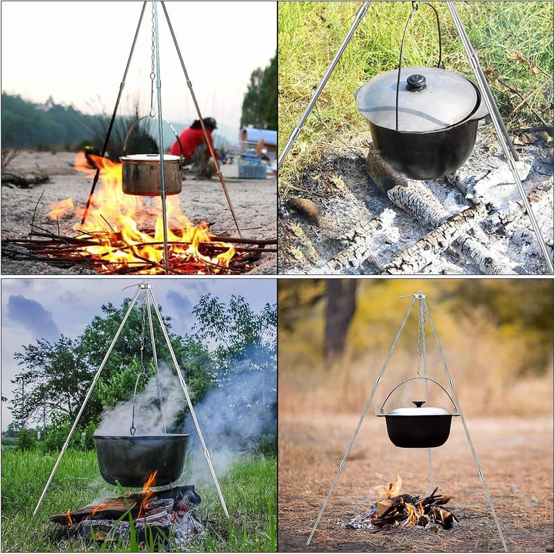 Yearninglife BBQ teleszkópos állvány háromlábú grill állvány lánccal kampóval, összecsukható kemping kültéri grillezéshez B